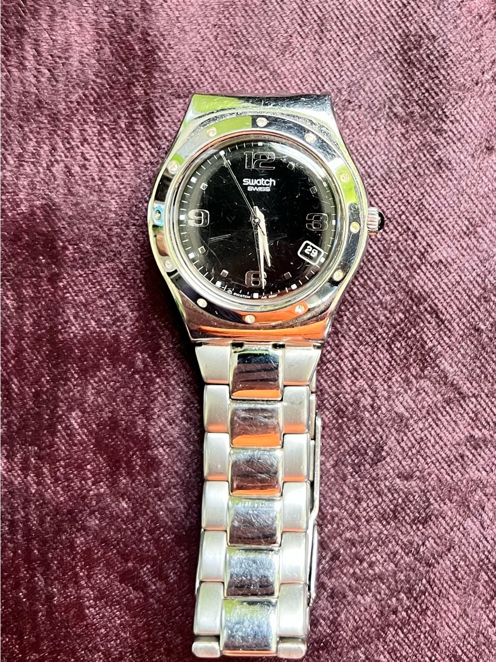 Ladies Swatch Silver Watch with Black Dial and Date Window